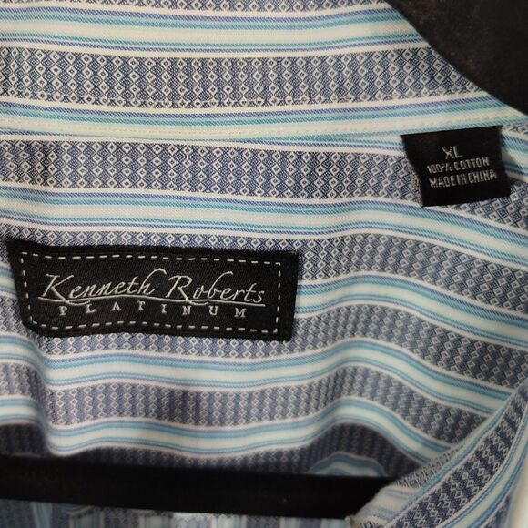 KENNETH ROBERTS Cotton Button-Down XL Men's Blue Striped Long Sleeve Dress Shirt - Picture 3 of 4